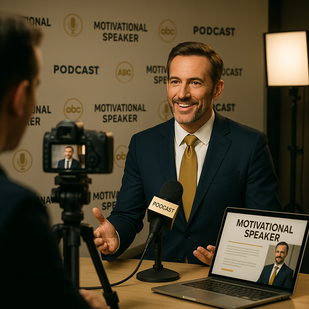 Motivational speaker being interviewed on camera, with media logos and sponsor branding in the background