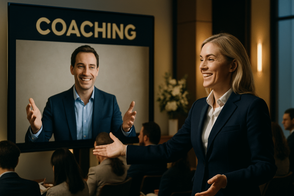 Motivational speaker collaborating with a partner during a virtual summit or co-hosted webinar