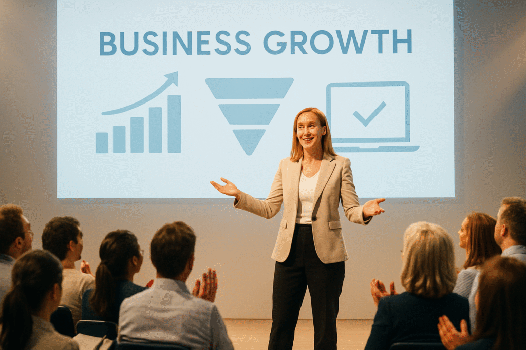 Motivational speaker presenting on stage with a slide showing their offer, leading the audience into a business transformation journey