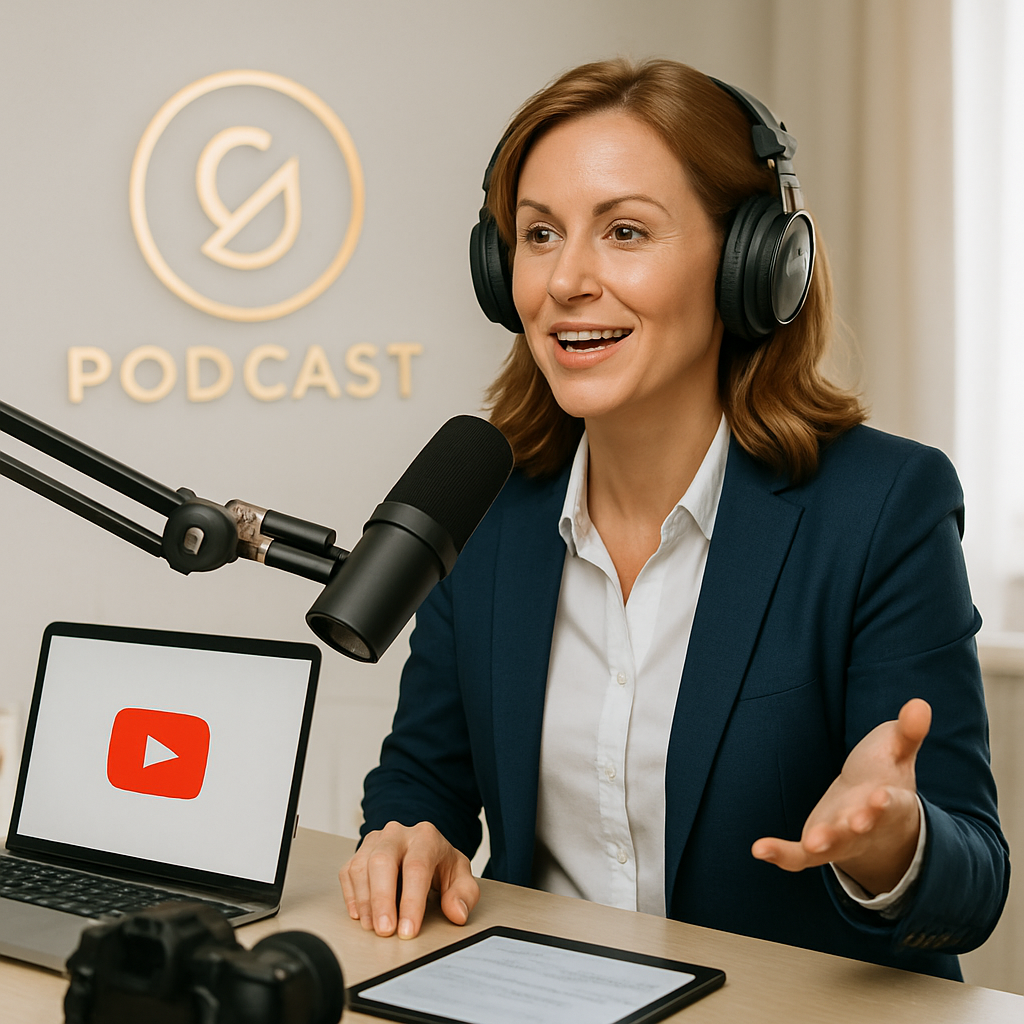 Motivational speaker recording a podcast episode and filming content for their YouTube channel with professional gear and branded backdrop