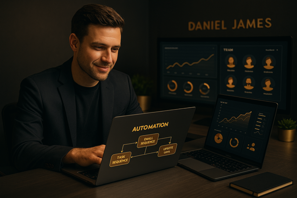 Motivational speaker reviewing business systems on a laptop with a virtual team dashboard and automation flowchart visible on screen