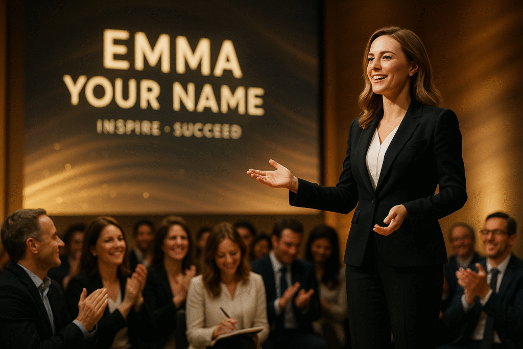 Professional speaker presenting on stage with branded visuals and audience engagement, representing a strong personal brand in action